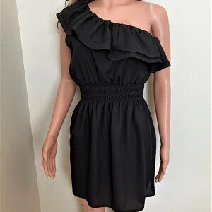 Black One-Shoulder Ruffle Mini Dress - S